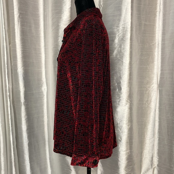 Draper’s & Damon’s Petite L Geometric Burnout Velour Blood Red Button Down Top - Picture 4 of 7